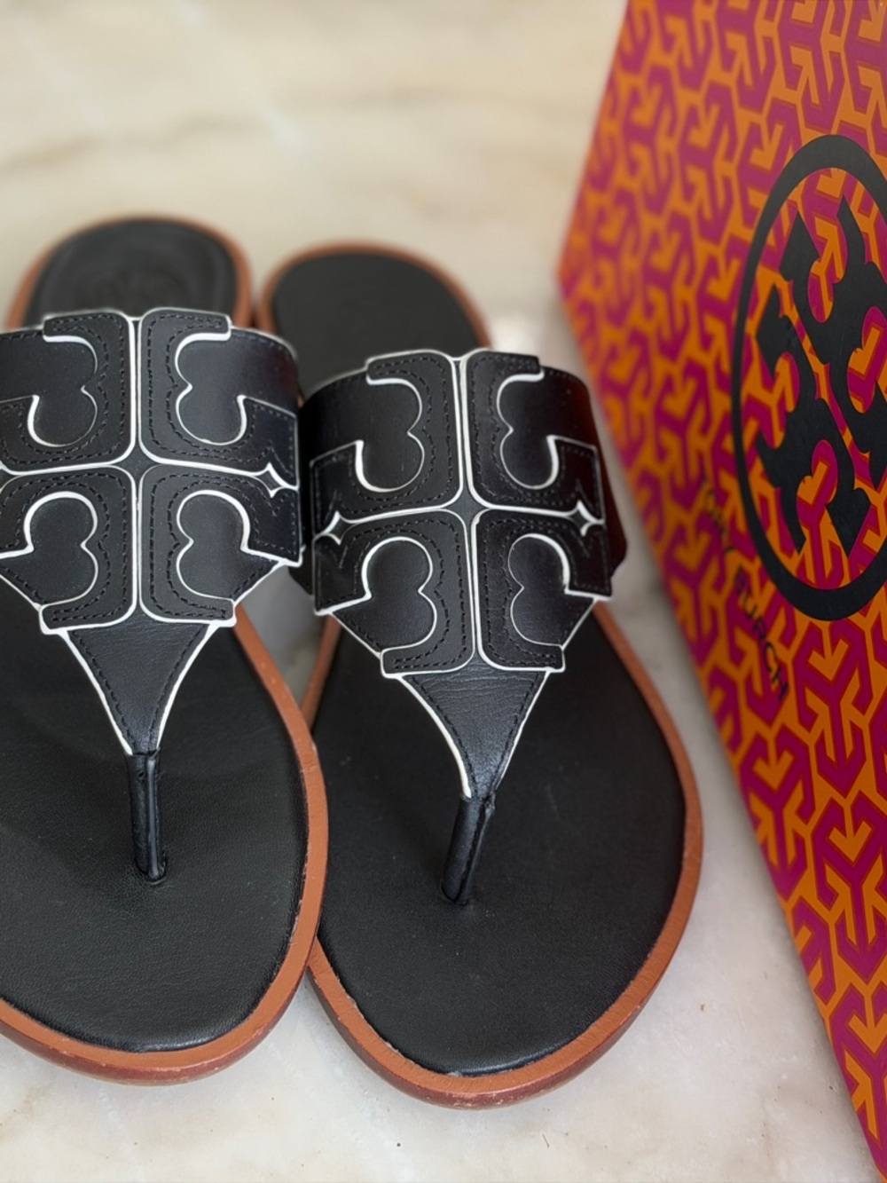 Tory Burch Black Logo Appliqué Thong Sandals